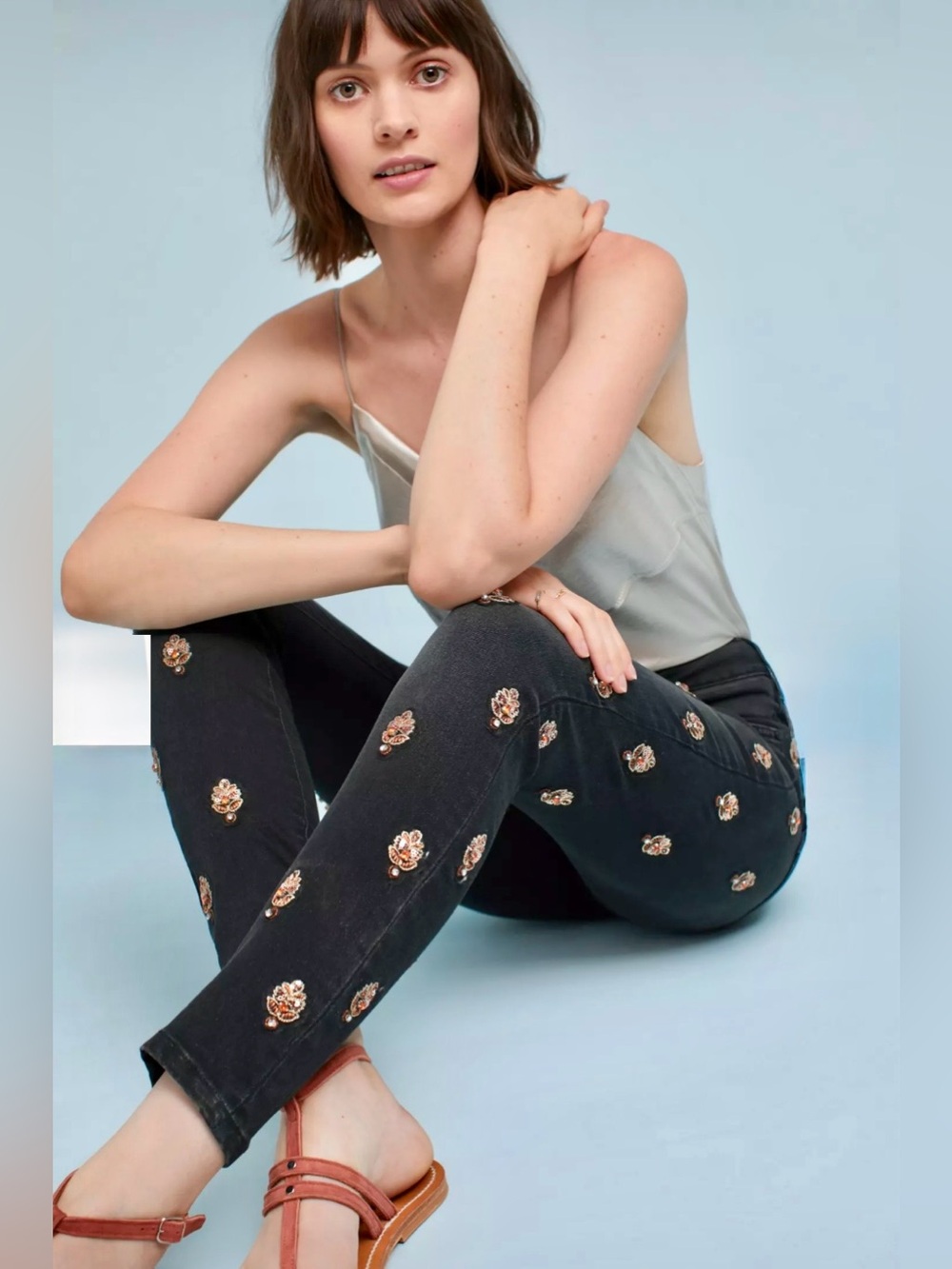 NEW Anthropologie Pilcro and the Letterpress black jeans beaded embellishments